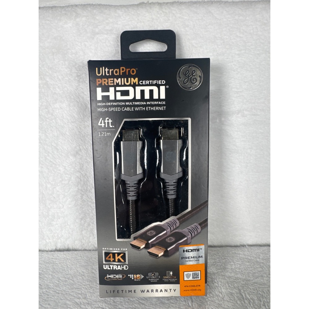 GE UltraPro HDMI Cable 4ft Black New 4K HDR 18Gbps 48719 Premium Certified